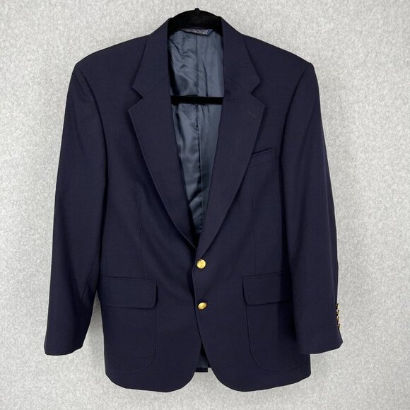 Lands End VTG Mens Wool Blazer Size 41R Navy Blue Gold Crest Button Classic EUC